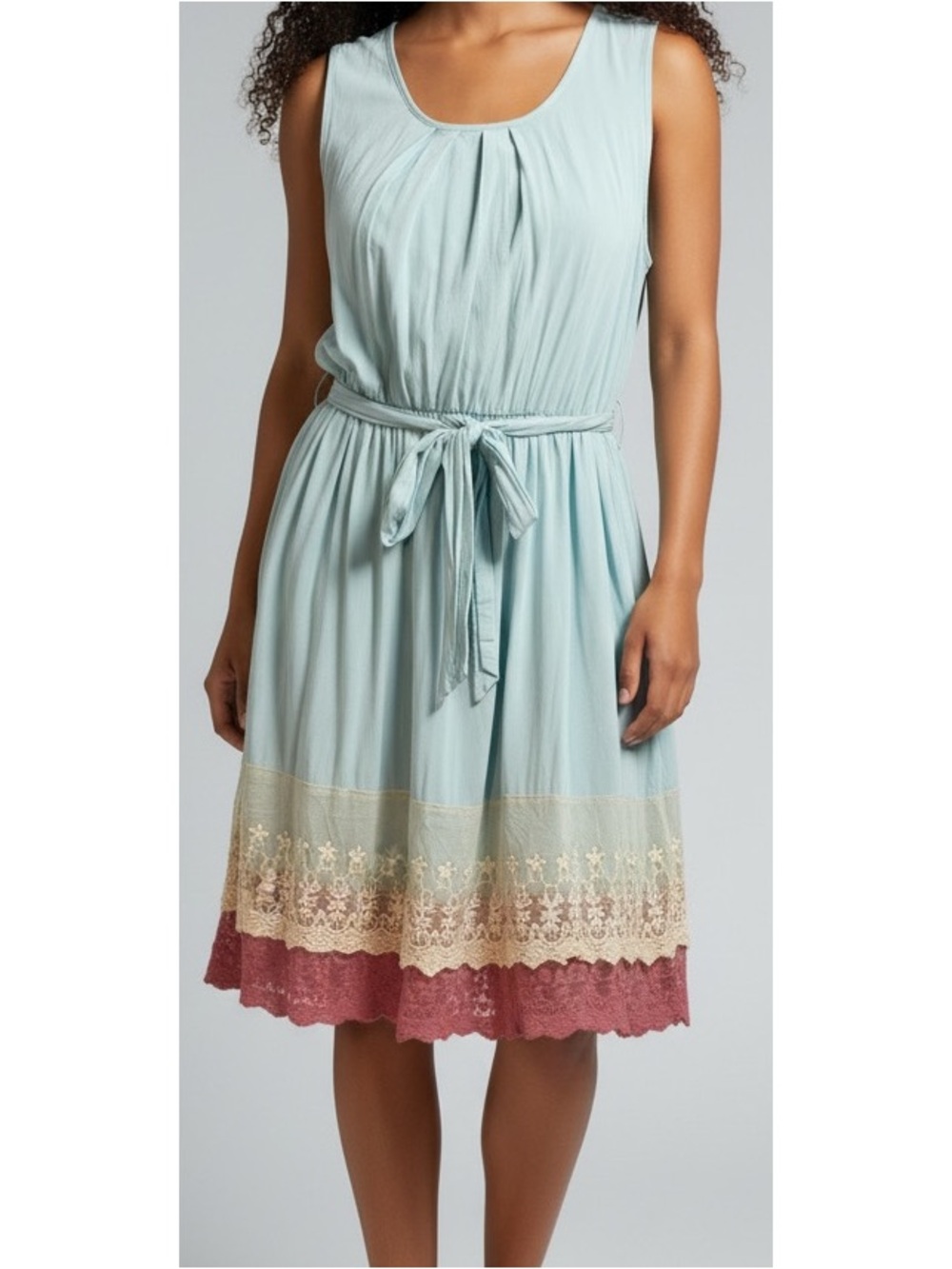 Poema Small Blue White & Pink Sleeveless Floral Lace detail Belted Dress